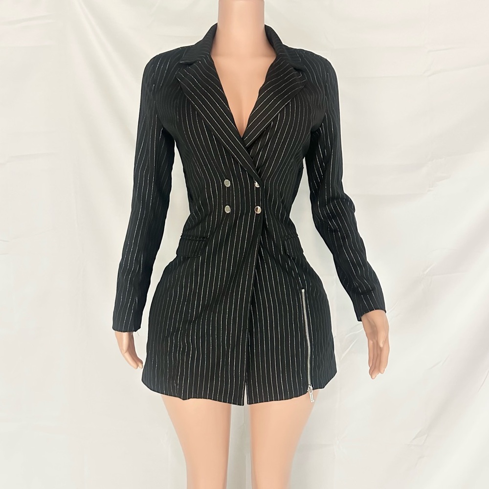 Maniere De Voir Black Pinstripe Long Sleeve Blazer Dress